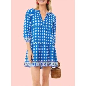 SZ Blockprints Tuckernuck Priya Dress Women's Medium Blue Gingham Floral Cotton